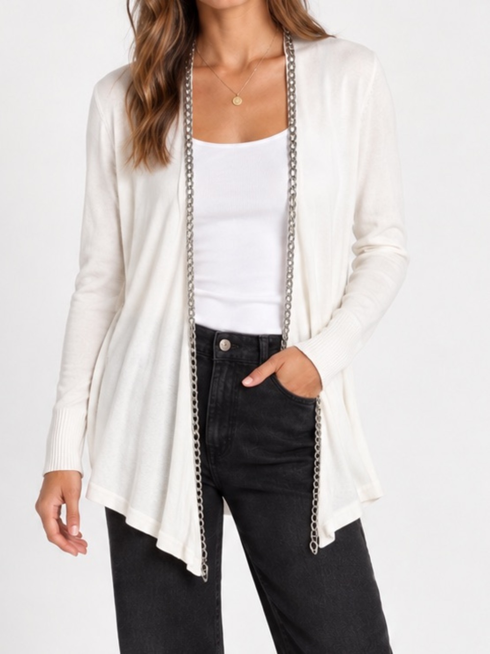 548 Ivory White Open Knit Cardigan Sweater Chain Link Trim Lightweight Medium